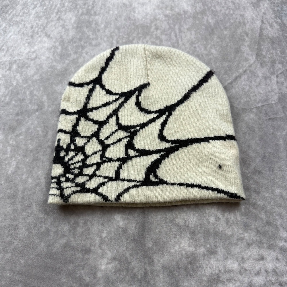 Spider Web Graphic Beanie Cream Black Streetwear Y2K Goth Skater Knit Hat